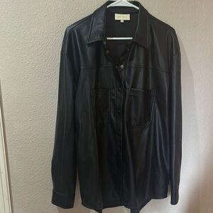 Black Faux Leather Button-Up Shirt